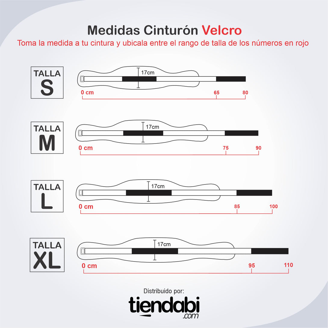 Guia de Tallas Cinturon Velcro toma la medida a tu cintura y ubicala entre el rango de talla de los números en rojo TIENDABI