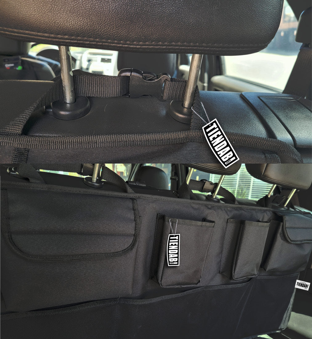 compartimentos o bolsillos para organizar tus objetos Velcro en la parte de atrás para adherirse al espaldar de la silla Viene con refuerzo para mayor soporte y durabilidad